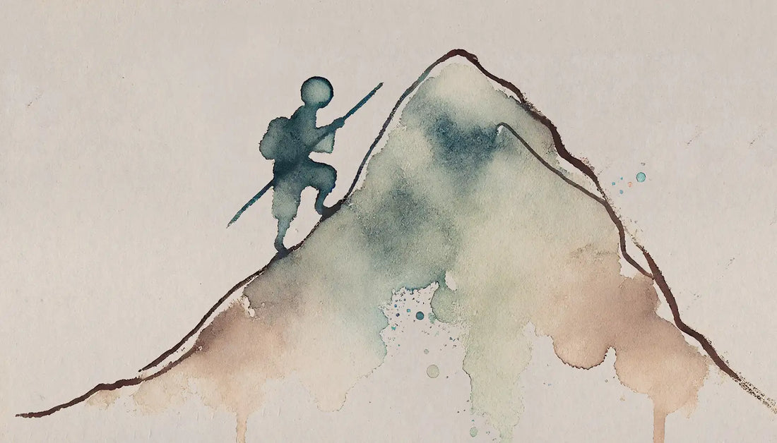 Watercolor illustration of an artist climbing a mountain, symbolizing overcoming creative block